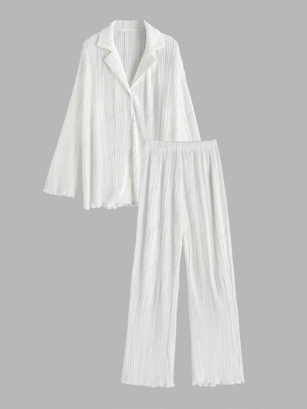 fancy Plisse Pleated Button Up Shirt and Pants Set - WHITE L