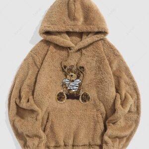 outfit Bear Terry Embroidered Pullover Fluffy Faux Fur Teddy Hoodie - COFFEE L