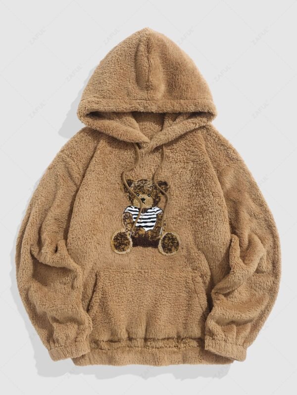 outfit Bear Terry Embroidered Pullover Fluffy Faux Fur Teddy Hoodie - COFFEE L