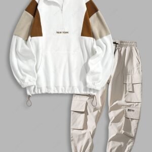 new Fluffy NEW YORK Embroidery Colorblock Half Zip Sweatshirt and Cargo Jogger Techwear Pants Set - MULTI-A ONE SIZE