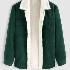 shops ZAFUL Double Pockets Design Fuzzy Fleece-lined Corduroy Jacket - DEEP GREEN M