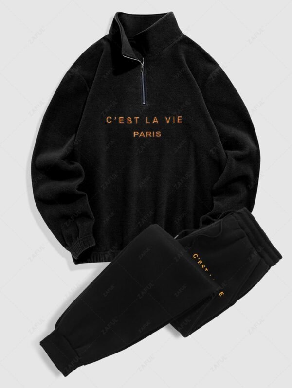 trendy C' EST LA VIE Letter Embroidered Polar Fleece Sweatshirt and Sports Jogger Pants Set - BLACK ONE SIZE