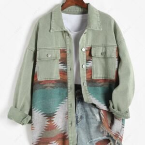 women Women's Ethnic Aztec Printed Shacket Flap Pocket Long Sleeve Shirt Retro Western Denim Spliced Jacket - MULTI-E M