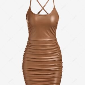 shop ZAFUL Cross PU Leather Ruched Cami Dress - COFFEE S