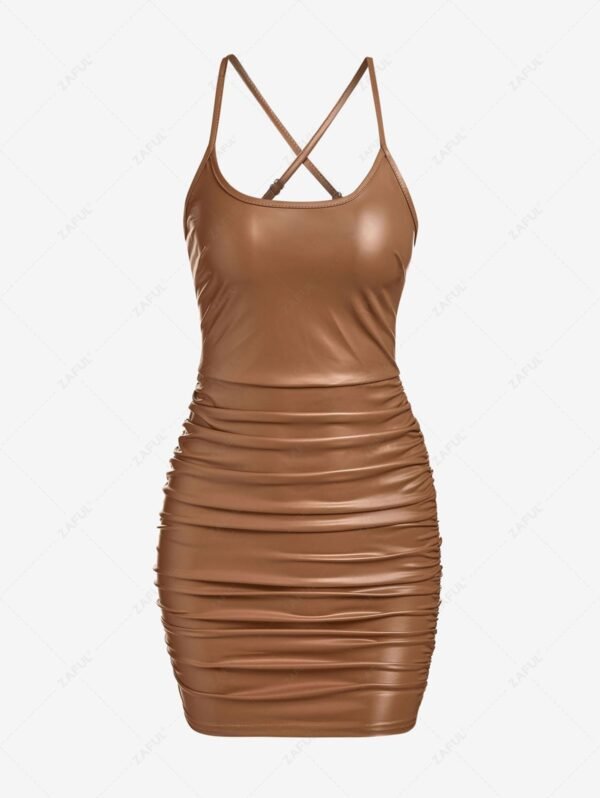 shop ZAFUL Cross PU Leather Ruched Cami Dress - COFFEE S