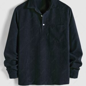 hot ZAFUL Solid Color Half Button Pocket Corduroy Long Sleeves Collared Shirt - DEEP BLUE L