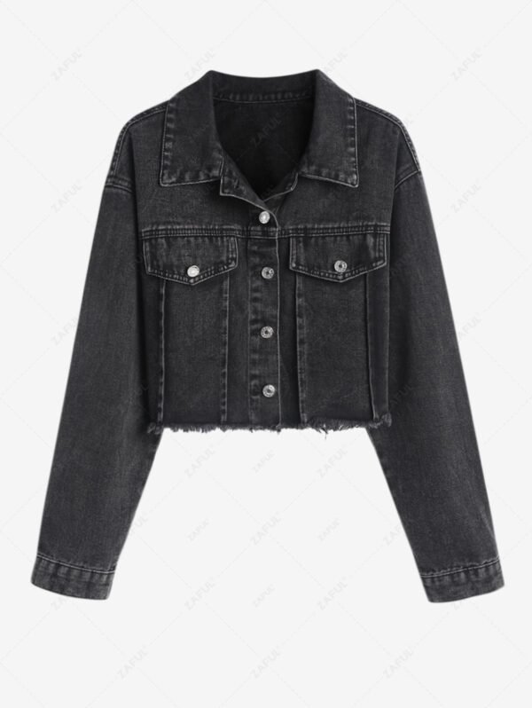 chic Women's Streetwear Solid Color Frayed Hem Mock Button Button Up Turn Down Collar Long Sleeves Crop Denim Jacket - BLACK M