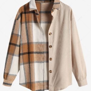 chic Women's Daily Vintage Style Plaid Colorblock Patchwork Long Sleeve Shirt Jacket Layering Shacket - LIGHT COFFEE S