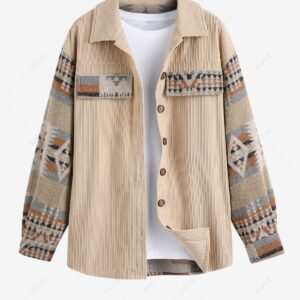 fancy ZAFUL Women's Daily Ethnic Aztec Jacquard Drop Shoulder Turn Down Collar Flap Detail Button Up Shacket - LIGHT COFFEE L