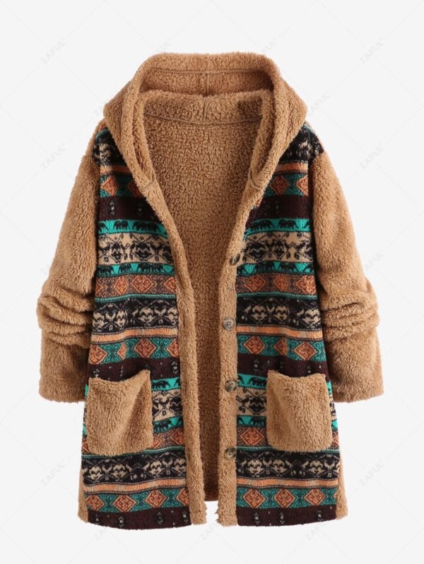 hot ZAFUL Women's Ethnic Style Dual Pocket Button Up Hooded Tribal Geo Aztec Printed Fluffy Fuzzy Faux Fur Textured Longline Teddy Coat - MULTI S