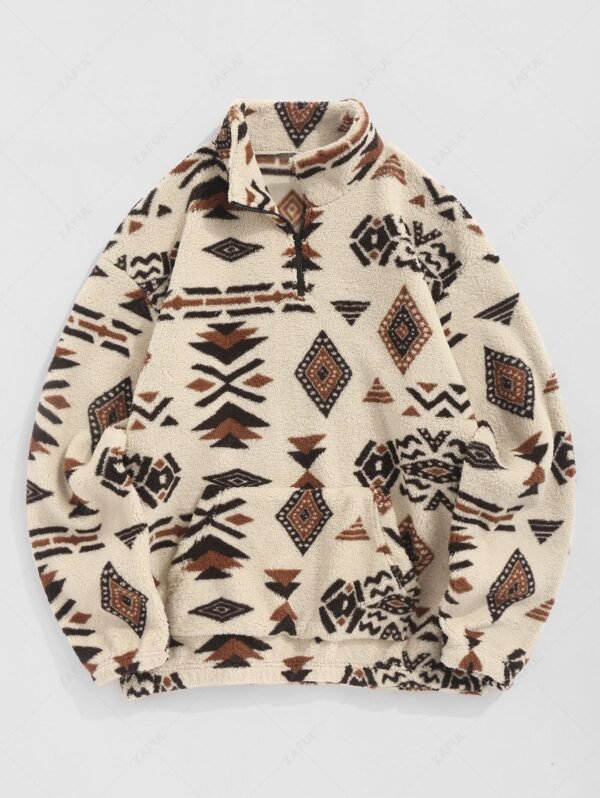 sale ZAFUL Faux Sherpa Tribal Ethnic Print Quarter Zip Teddy Sweatshirt - LIGHT COFFEE M