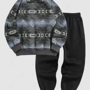 new Men's Daily Ethnic Aztec Jacquard Half Zip Turn Down Collar Contrast Trim Pullover Sweatshirt and Solid Color Thermal Fleece-lined Casual Sweatpants Set - LIGHT BLUE ONE SIZE