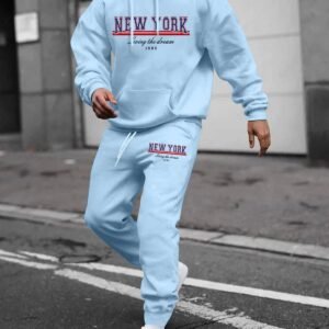 hot Men's Casual NEW YORK Letter Kangaroo Pocket Hoodie Drawstring Jogger Sweatpants Fleece Lined Thermal Two Piece Set Tracksuit - LIGHT BLUE 2XL