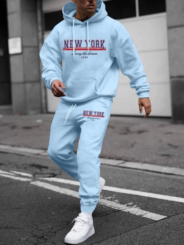 hot Men's Casual NEW YORK Letter Kangaroo Pocket Hoodie Drawstring Jogger Sweatpants Fleece Lined Thermal Two Piece Set Tracksuit - LIGHT BLUE 2XL