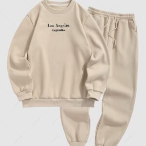 hot Men's Casual LOS ANGELES CALIFORNIA Embroidered Fleece-lined Crew Neck Pullover Sweatshirt and Beam Feet Drawstring Jogger Pants Set - LIGHT COFFEE ONE SIZE