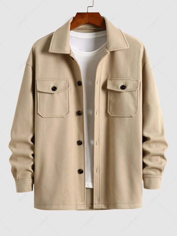 women ZAFUL Men's Solid Color Flap Pocket Design Single Breasted Woolen Blend Coat - LIGHT COFFEE M