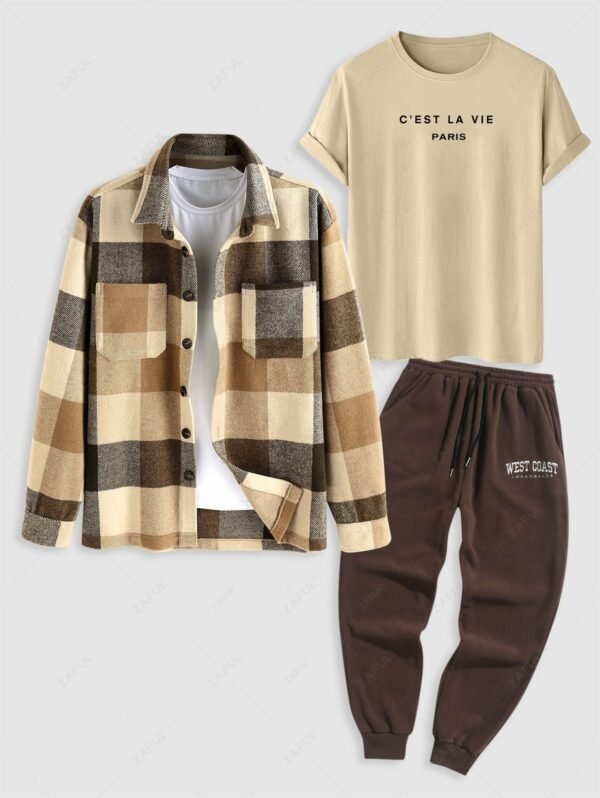 lady 3Pcs C'EST LA VIE Letter Printed Short Sleeves T-shirt and Plaid Pattern Wool Blend Shacket and Drawstring Pocket Jogger Pants Set - LIGHT COFFEE ONE SIZE