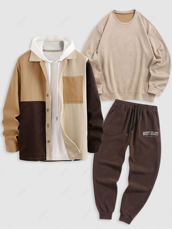 online Men's Three Piece Winter Outfits Colorblock Front Pocket Design Woolen Jacket and Faux Suede Pullover Sweatshirt and Embroidered Polar Fleece Sweatpants Set - COFFEE ONE SIZE