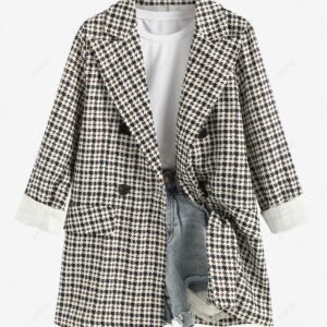 womens Women's Lapel Collar Mock Pocket Design Houndstooth Print Double-breasted Blazer - MULTI-A L