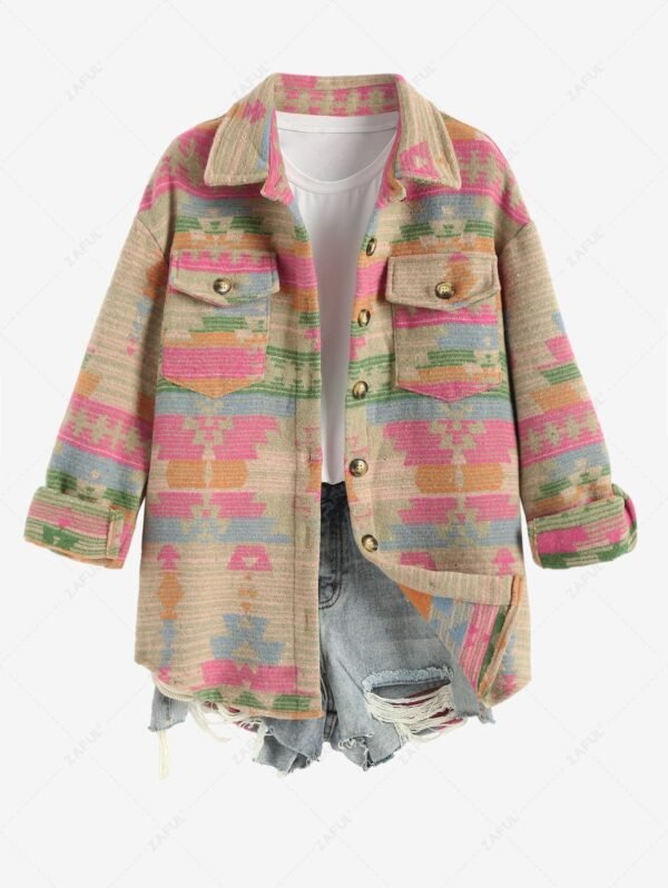 womens Women's Ethnic Western Style Aztec Tribal Geo Printed Cargo Pockets Single Breasted Wool Blend Jacket - LIGHT PINK M