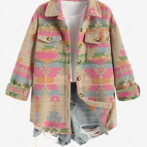 womens Women's Ethnic Western Style Aztec Tribal Geo Printed Cargo Pockets Single Breasted Wool Blend Jacket - LIGHT PINK M