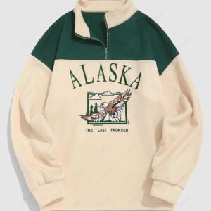 chic Streetwear Vintage ALASKA Graphic Eagle Printed Colorblock Fleece Quarter Zip Sweatshirt - LIGHT YELLOW L