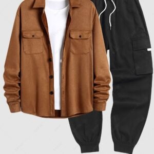 latest Men's Faux Suede Pocket Solid Color Long Sleeves Shirt and Streetwear Casual Techwear Jogger Cargo Pants Ser - DEEP COFFEE ONE SIZE