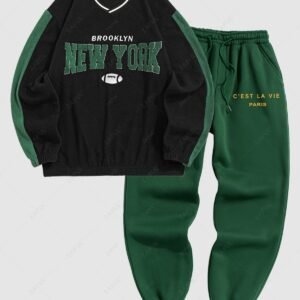 ladies Men's Fleece Lined Tracksuits Preppy BROOKLYN NEW YORK Letter Embroidered Baseball Sweatshirt C'EST LA VIE PARIS Jogger Sweatpants Two Piece Set - GREEN ONE SIZE