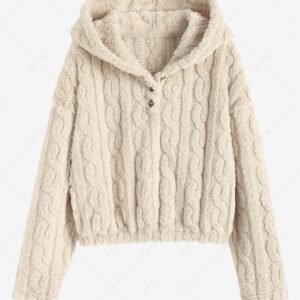 outfits ZAFUL Women's Fluffy Fuzzy Faux Fur Cable Jacquard Textured Half Button Short Pullover Daily Casual Hoodie - LIGHT COFFEE M