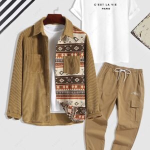 ladies Men's 3Pcs Retro Ethnic Aztec Printed Corduroy Spliced Shacket and Letter Printed Casual Summer T-shirt and Jogger Cargo Pants Set - COFFEE ONE SIZE