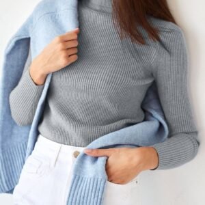 hot Women's Daily Basic Solid Color Ribbed Knit Turtleneck Pullover Layering Slim Sweater - GRAY ONE SIZE