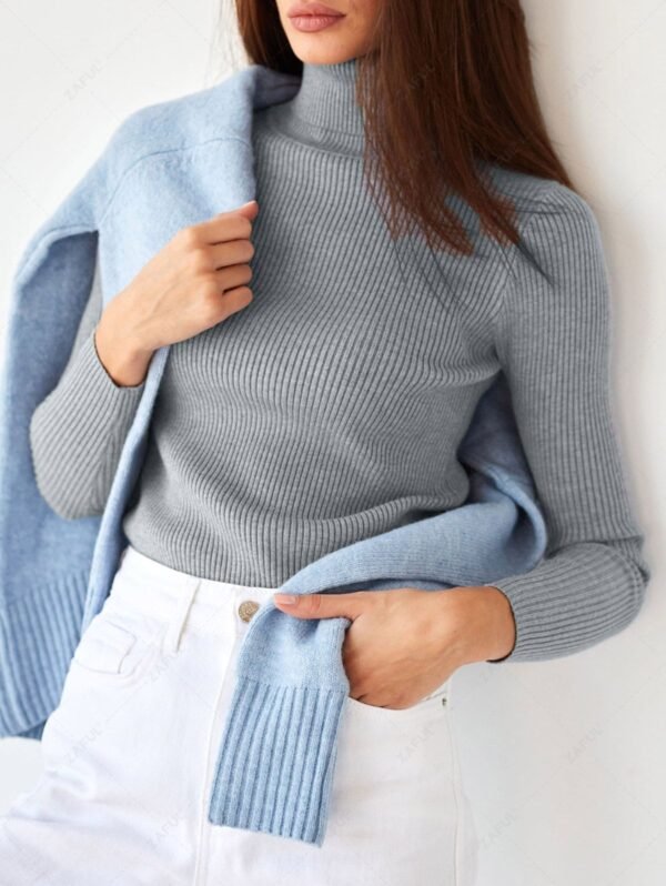 hot Women's Daily Basic Solid Color Ribbed Knit Turtleneck Pullover Layering Slim Sweater - GRAY ONE SIZE