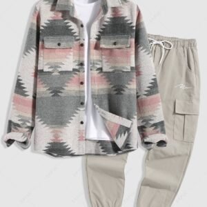 hot Men's Tribal Geometric Ethnic Aztec Printed Blend Wool Jacket and Drawstring Jogger Cargo Pants - LIGHT PINK ONE SIZE