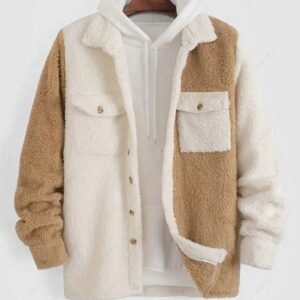 fancy Men's Colorblock Contract Color Fluffy Fleece Front Double Pocket Button Jacket - COFFEE L