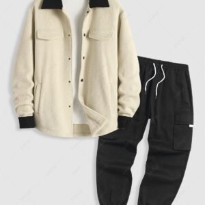 womens Men's Corduroy Spliced Fluffy Fleece Colorblock Mock Pocket Teddy Jacket and Flap Pocket Streetwear Casual Techwear Jogger Cargo Pants Set - WHITE ONE SIZE