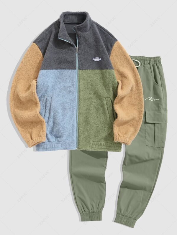 chic Men's Casual Fleece Fluffy Colorblock Stand Collar Zip Up Pocket Applique Design Jacket and Jogger Cargo Pants Set - BLUE GRAY ONE SIZE