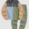 chic Men's Casual Fleece Fluffy Colorblock Stand Collar Zip Up Pocket Applique Design Jacket and Jogger Cargo Pants Set - BLUE GRAY ONE SIZE