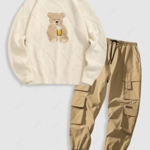 shop Men's Terry Cloth Bear Embroidered Patch Design Round Neck Pullover Knitted Sweater and Pockets Cargo Jogger Techwear Pants Set - LIGHT COFFEE ONE SIZE