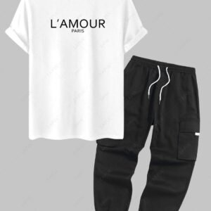 shops Men's PARIS Letter Printed Short Sleeves T-shirt and Streetwear Casual Techwear Jogger Cargo Pants Set - BLACK ONE SIZE