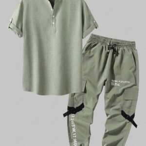 shops Men's Half Buttoned Rolled Up Short Sleeves Popover Shirt and Letter Print Flap Pockets Cargo Jogger Techwear Pants Set - LIGHT GREEN ONE SIZE