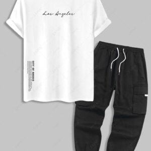 outfits Men's Los Angeles Letter Graphic Printed Short Sleeves T-shirt and Streetwear Casual Techwear Jogger Cargo Pants Set - WHITE ONE SIZE