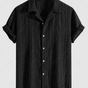 womens ZAFUL Men's Camp Collar Button Up Geometric Jacquard Openwork Short Sleeves Shirt - BLACK L