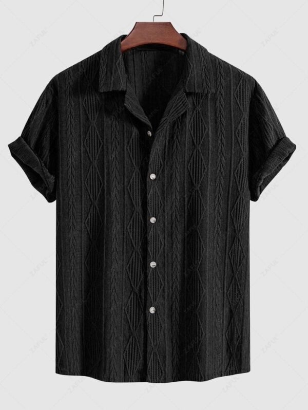 womens ZAFUL Men's Camp Collar Button Up Geometric Jacquard Openwork Short Sleeves Shirt - BLACK L