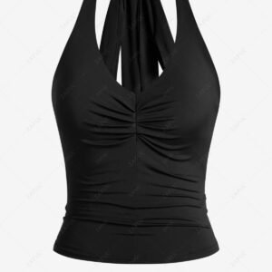 sale Women's Sexy Solid Color Ruched Open Back Halter Tied Tank Top - BLACK ONE SIZE