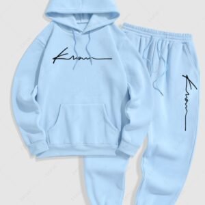 best Men's Minimalist Style Letter Pattern Fuzzy Fleece-lined Kangaroo Pocket Design Pullover Hoodie And Drawstring Jogger Sweatpants Set - LIGHT BLUE ONE SIZE