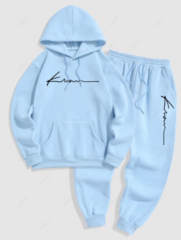 best Men's Minimalist Style Letter Pattern Fuzzy Fleece-lined Kangaroo Pocket Design Pullover Hoodie And Drawstring Jogger Sweatpants Set - LIGHT BLUE ONE SIZE