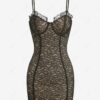 fancy Women's Sexy Lace Overlay Eyelash Edge Underwire Spaghetti Straps Cami Mini Slinky Dress - BLACK M