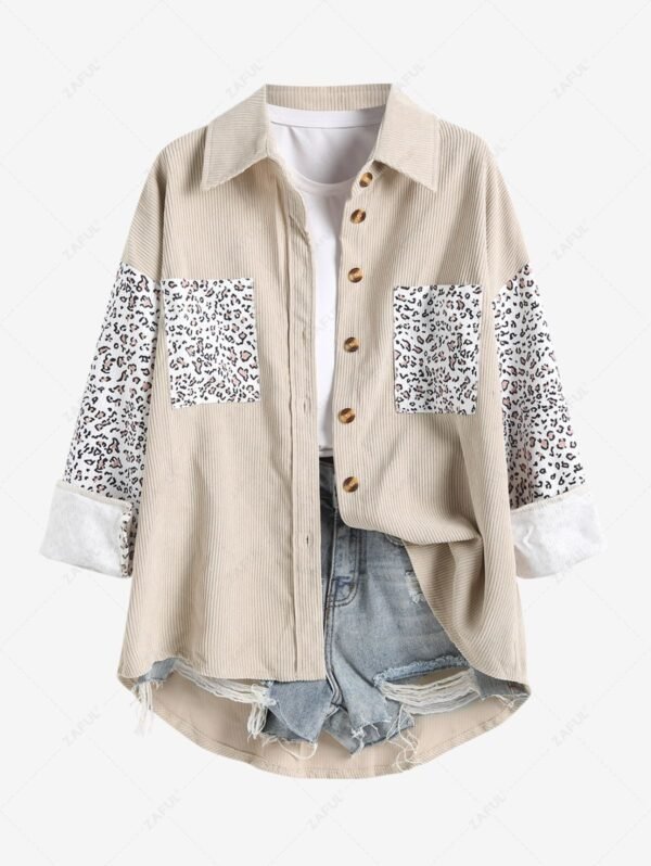 trendy Women's Casual High Low Leopard Print Spliced Front Pockets Design Button Up Long Sleeves Corduroy Shacket - APRICOT L