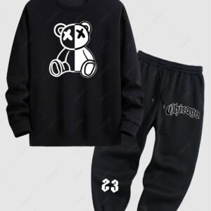 shops Men's Two Tone Bear Graphic Crew Neck Pullover Sweatshirt And Letter Printed Fleece-lined Ribbed Beam Feet Drawstring Jogger Pants Set - BLACK ONE SIZE