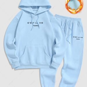 ladies Men's Minimalist Style Letter Pattern Fuzzy Fleece-lined Kangaroo Pocket Design Pullover Hoodie And Drawstring Jogger Sweatpants Set - LIGHT BLUE S